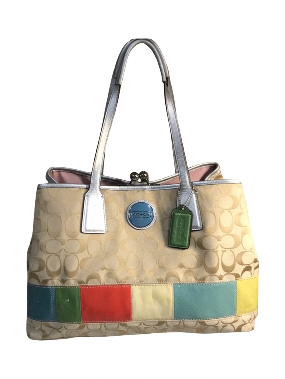 Coach Signature Stripe Frame Monogram Canvas Satchel Kisslock Closure